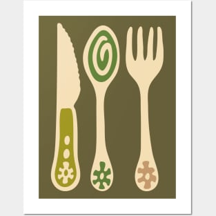 CUTLERY Retro Vintage Kitchen Utensils Knife Spoon Fork in Olive Brown and Green - UnBlink Studio by Jackie Tahara Posters and Art